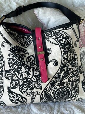 SPARTINA Black & White Floral Shoulder Bag with Pink Accent Strap